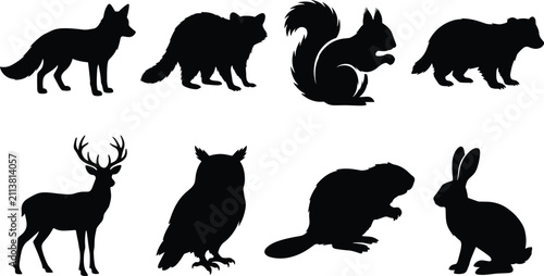 Wild Animal Silhouette Collection Featuring Forest Mammals and Woodland Wildlife Vector Set