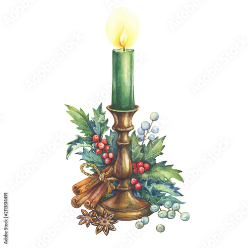 Obraz na płótnie Watercolor Christmas green candle illustration, hand painted
