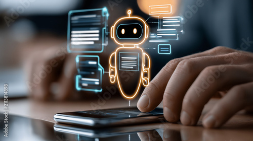 AI chatbot assistant hologram on smartphone, futuristic artificial intelligence bot interface, digital customer service automation technology