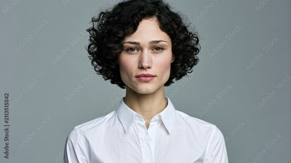 Obraz premium Portrait of a young woman with curly hair wearing a white shirt against a grey background