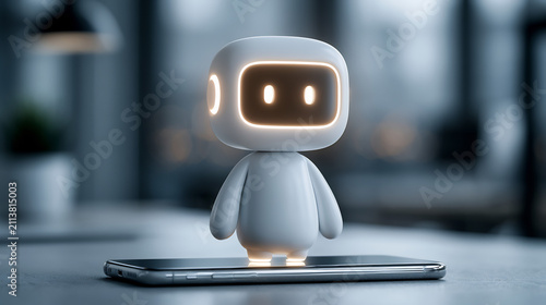 Futuristic white robot character standing on smartphone, artificial intelligence assistant concept, cute 3D digital bot on mobile device screen