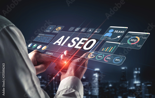 Foto Modern digital interface showcasing AI and SEO technologies, illustrating data insights, analytics, and online marketing strategies for digital businesses