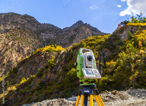 Total station surveying instrument in Kyrgyzstan mountains