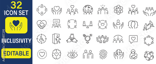 32 Inclusivity & Diversity Vector Outline Icons Set – Equality, Community, Accessibility and Social Inclusion Line Symbols Collection