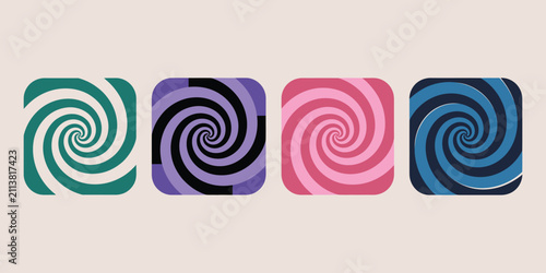 Psychedelic spiral pattern vector with a dynamic swirling vortex of groovy, retro colors including purple, orange, green, blue, and small star accents for creative graphic design.