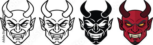 Bild auf Leinwand Red devil demon head vector icon set line art silhouette color.