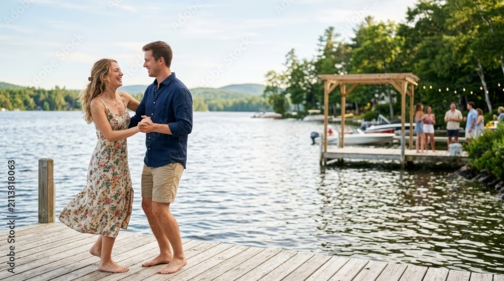 Fototapeta premium Couple dancing on a wooden dock by a lake at golden hour, embodying summer romance and lifestyle