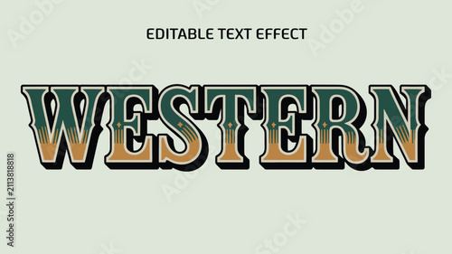 Western editable text effect with retro gold 3D typography, Victorian ornamental frame, star accents, and classic rodeo sign style isolated on a dark background