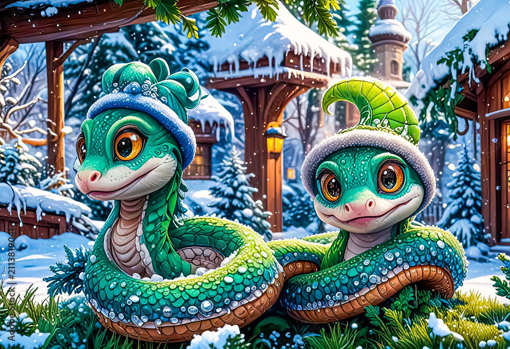 Fototapeta premium Portrait of a green snake in a Santa hat, Symbol of the year according to the Eastern calendar