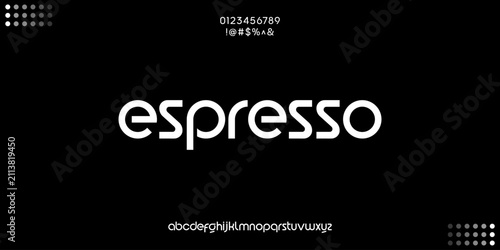 Espresso text in modern geometric sans-serif font. Minimalist Monochrome Wordmark Branding on Black Background
