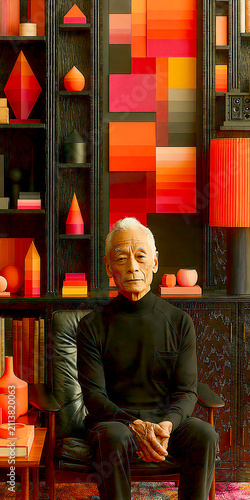 Elderly man dressed in black sits in a richly decorated modern interior with geometric orange artwork, books, ceramics, and dark shelving.