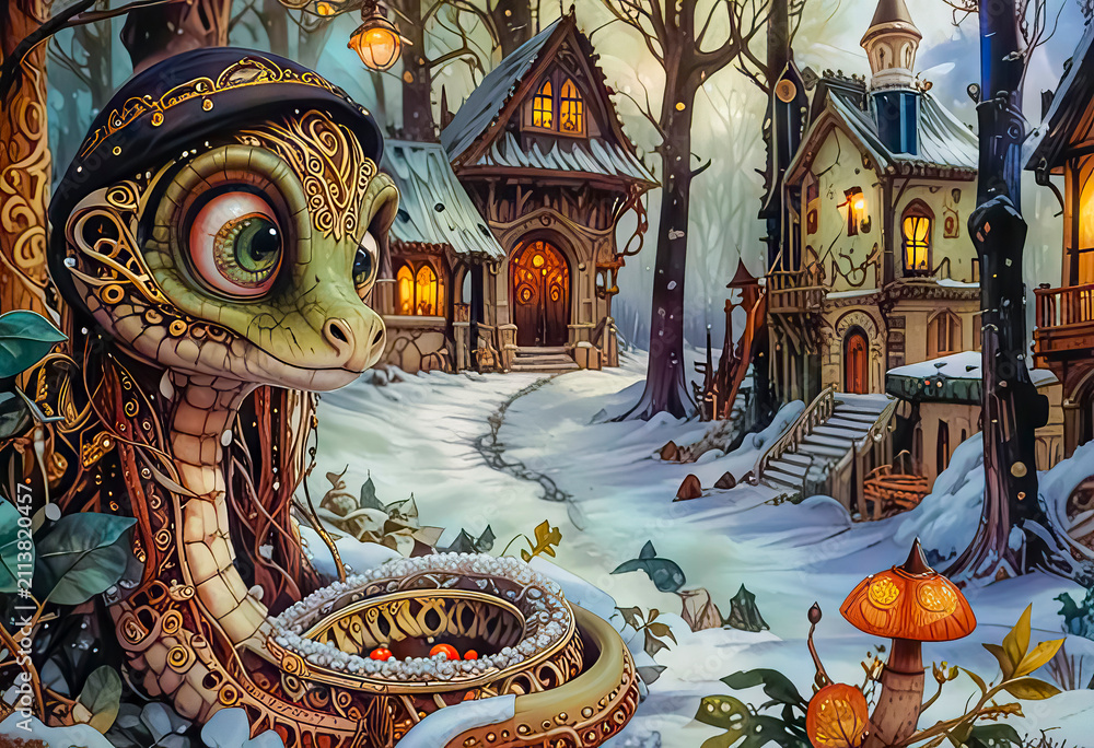 Obraz premium Portrait of a green snake in a Santa hat, Symbol of the year according to the Eastern calendar