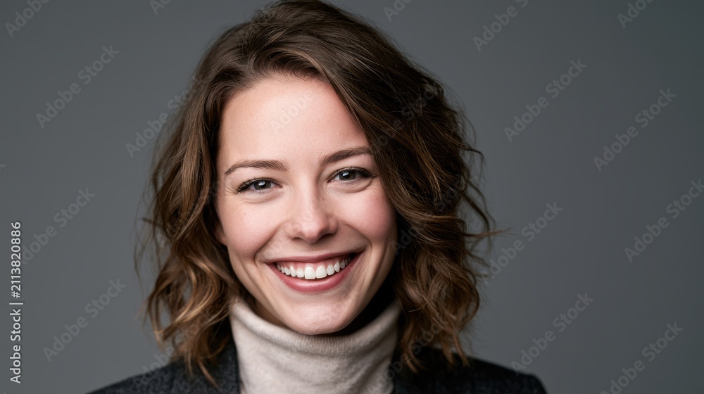 Fototapeta premium Portrait of a smiling young woman with wavy brown hair wearing a turtleneck sweater against a grey background