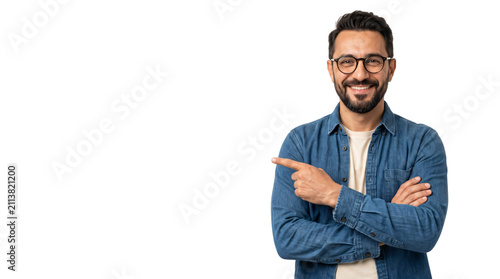 Smiling middle aged man pointing finger at copy space, happy businessman in denim shirt and glasses, confident male professional on white background
