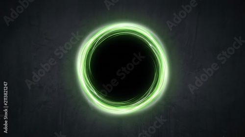 A glowing neon green ring floating in a dark void representing a futuristic portal or mysterious black hole