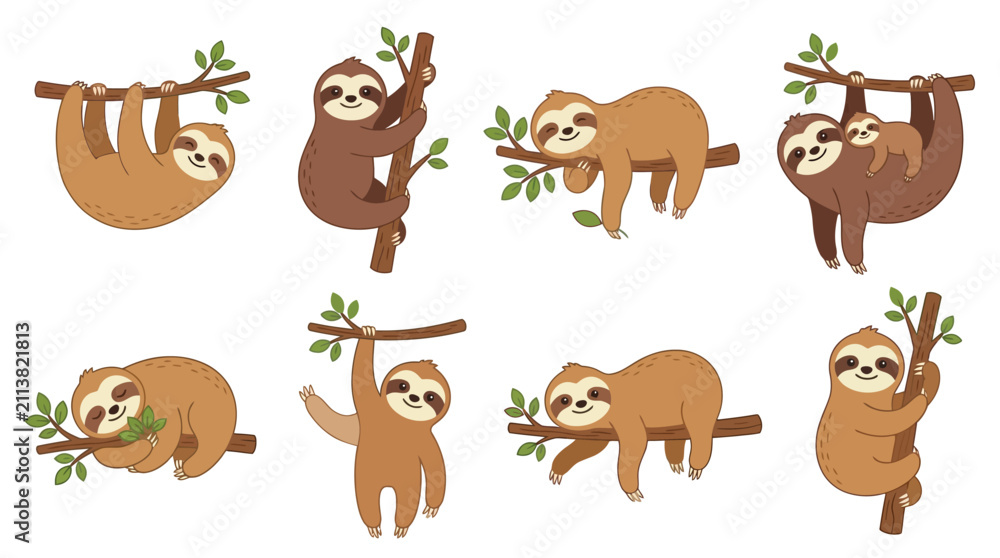 Fototapeta premium Adorable sloth characters in various cute hanging positions crafted as a detailed vector graphic design set