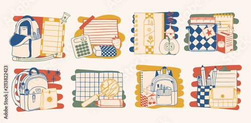 Collection of hand drawn retro school supplies. Set with backpack, notebook, calculator, apple and stationery elements. Educational stickers
