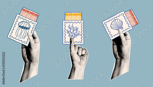 Set of retro collage elements with matchboxes decorated with marine life doodles of a jellyfish, coral, and seashell. Halftone hands in vintage style.