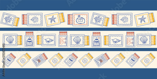 Horizontal seamless border patterns set with matchboxes and summer nautical elements. Illustrations including shells, cora, boat and camera