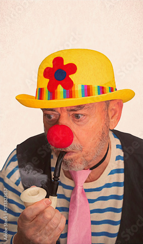 Clown character smoking a pipe, wearing a red nose and colorful striped hat