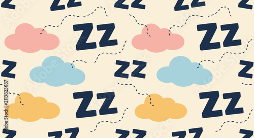 Konstfotografi Seamless pattern of sleeping clouds and Zzz text background