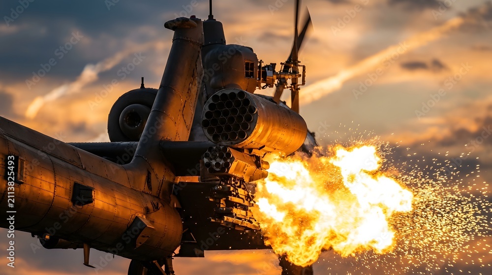 Obraz premium Military Attack Helicopter Firing Rocket Launcher With Muzzle Flash Flame During Sunset Mission