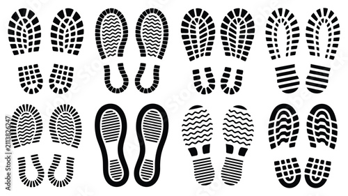 Boot shoe print footprint silhouette collection displaying detailed boot sole patterns, athletic sneaker treads, and work boot tracks vector illustration for crime scene and active art