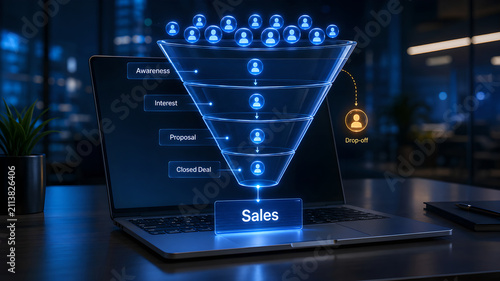 Digital sales funnel visualization on laptop screen showing customer journey from awareness to closed deal