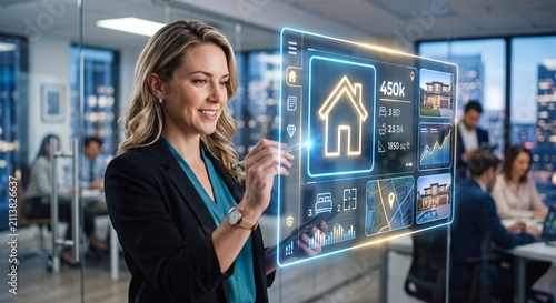 Businesswoman or real estate agent interacting with futuristic holographic screen of property icons. Modern tech innovation in real estate market and smart housing management software concept.