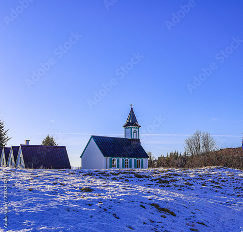 Konstfotografi Thingvallakirkja Church, one of Iceland’s oldest churches, located in Thingvellir National Park on the Golden Circle