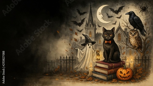 A gloomy Halloween illustration with a black cat and a ghost with a lantern surrounded by pumpkins, against the background of an ancient castle under the moon. A photo with a place for the text. 