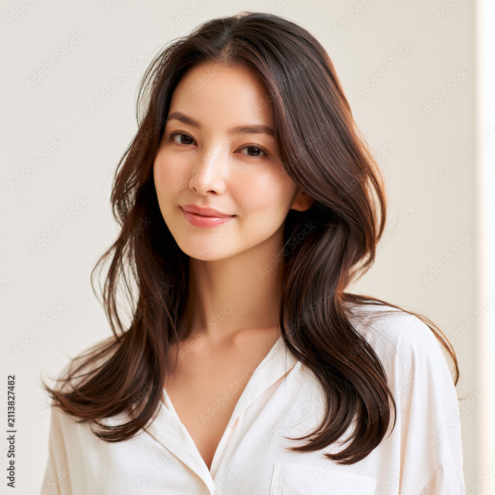Fototapeta premium portrait of an elegant japanese woman around 30 years old, refined department store fashion model, graceful female fashion portrait, sophisticated japanese beauty with natural smile