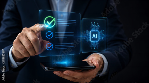 Businessman interacting with a holographic interface showing ai technology and task checklist