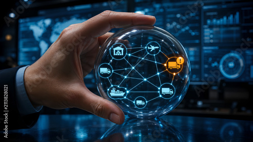 Supply chain management concept with a hand holding a digital globe showing logistics network nodes and an alert icon