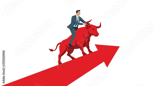 Professional businessman riding a red bull graphic illustration representing rising financial markets and positive growth trends