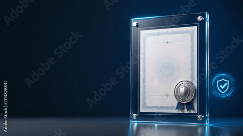 Blank certificate in a glass frame with a seal on a dark blue background
