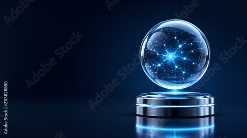 Futuristic plasma globe with glowing electric filaments on a metallic pedestal against a dark blue background