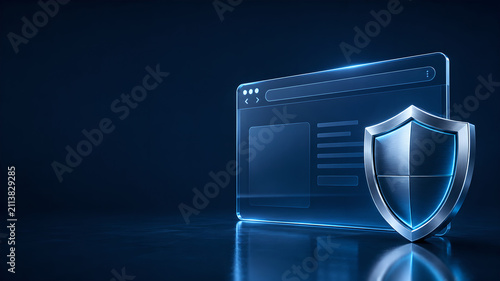 Cyber security concept with a digital shield protecting a web browser window