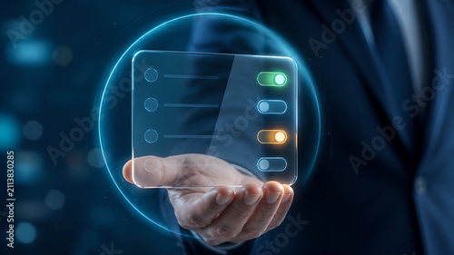 Businessman holding a digital holographic interface with a list of settings and toggle switches in a futuristic business environment