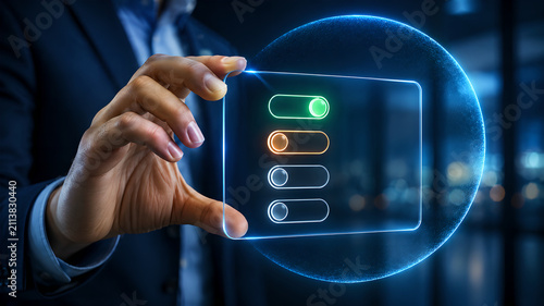 Businessman holding a futuristic holographic interface with glowing toggle switches for digital control and settings