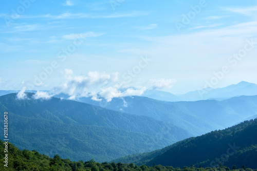Mountains covered in dense green forest rise toward clouds, creating layered landscape where earth meets sky.