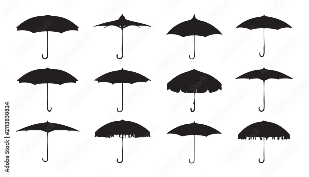 Obraz premium Set of twelve black umbrella silhouette vector icons with various shapes and styles.