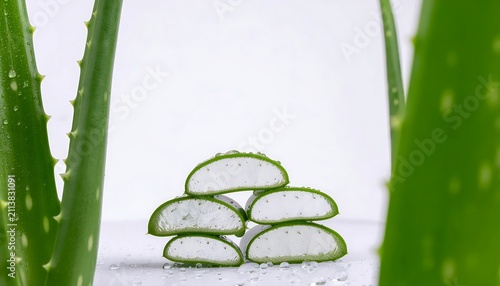 Fresh aloe vera leaves with sliced gel on white background