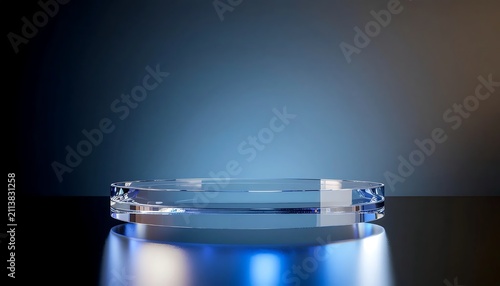 Clear glass prism on dark reflective surface with blue lighting