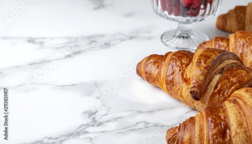 Freshly baked croissants on marble with berries in glass bowl