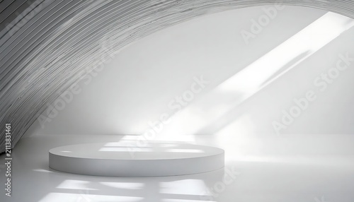 Minimalist white pedestal in modern abstract interior with light beams
