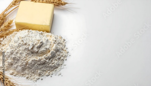 Fresh butter and flour with wheat stalks on white background