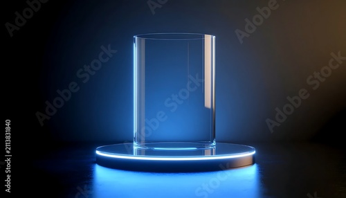 Futuristic glowing glass cylinder on illuminated base with blue light