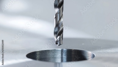 Drill bit creating precise hole in metal surface close-up