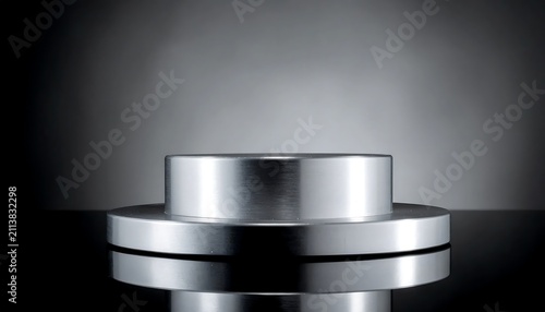 Close-up of polished stainless steel flange on dark background